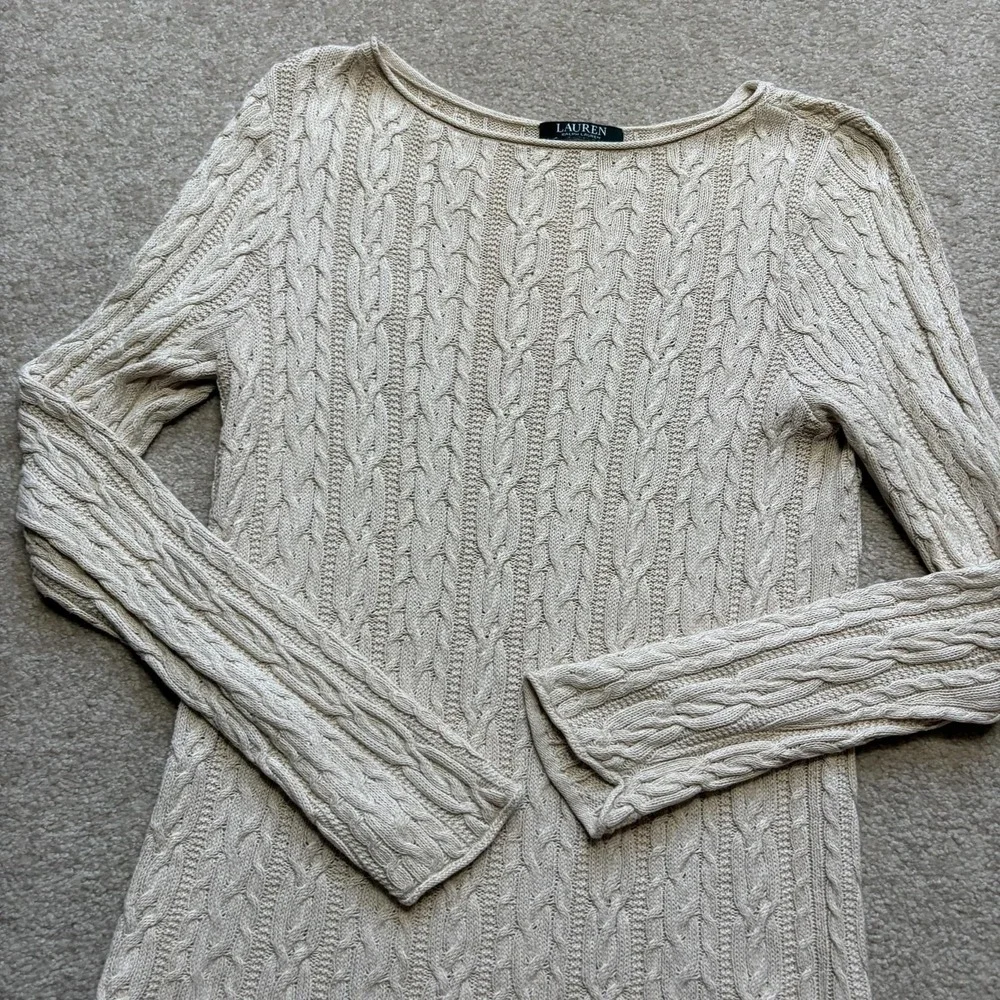 Lauren Ralph Lauren Sweater Womens Small Beige 100% Cotton‎ Cable Knit Boatneck